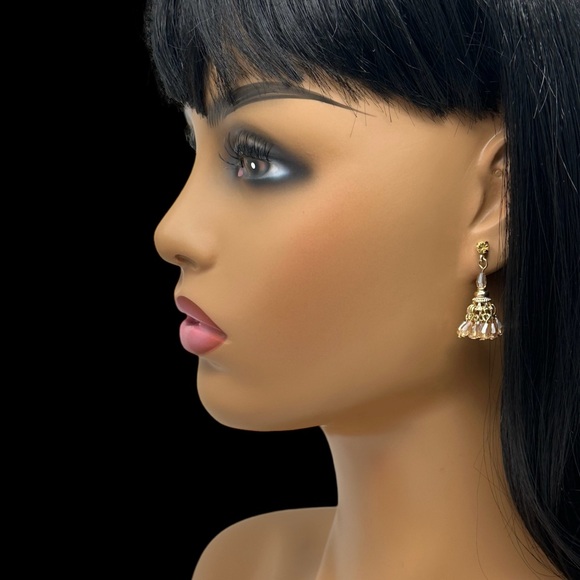 Topaz Color Beaded Indian Style Gold Tone Drop Post Earrings - Picture 3 of 3